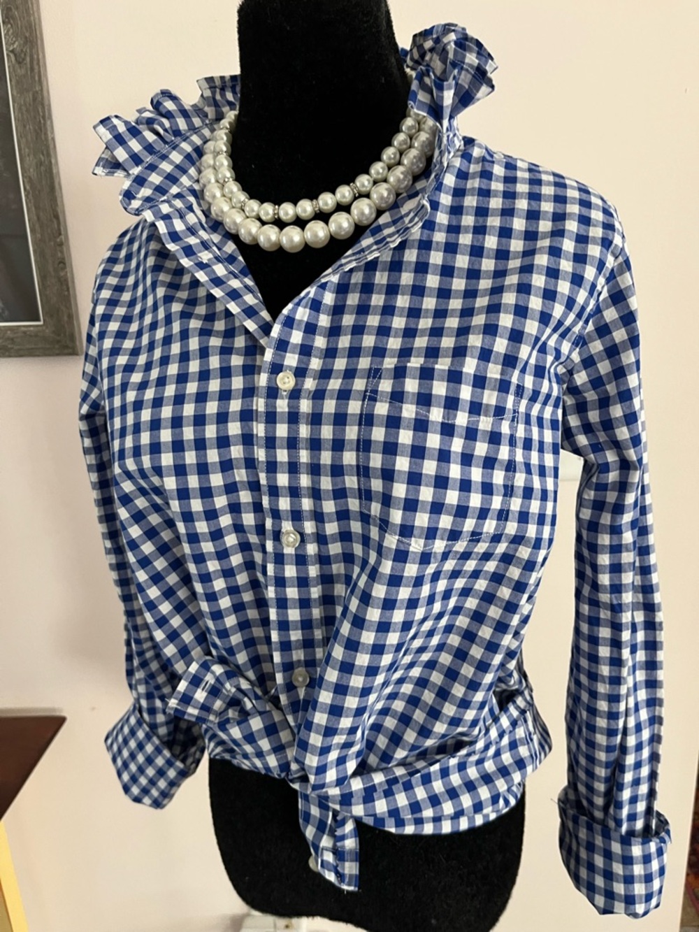 Upcycled L.L. Bean Blue and White Gingham Tie-Front Button-Down Ruffle Collar